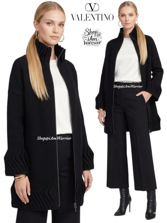 Valentino Jackets & Blazers - Valentino Vintage Black Boiled Wool Pleated Sculptural Couture Sweater Coat